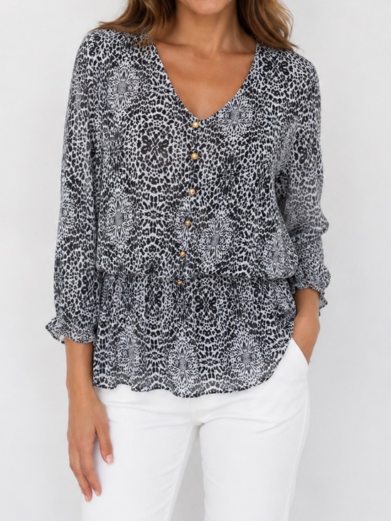Wish Tops - Wish Black White Animal Print Blouse Peplum Gold Button Front Large